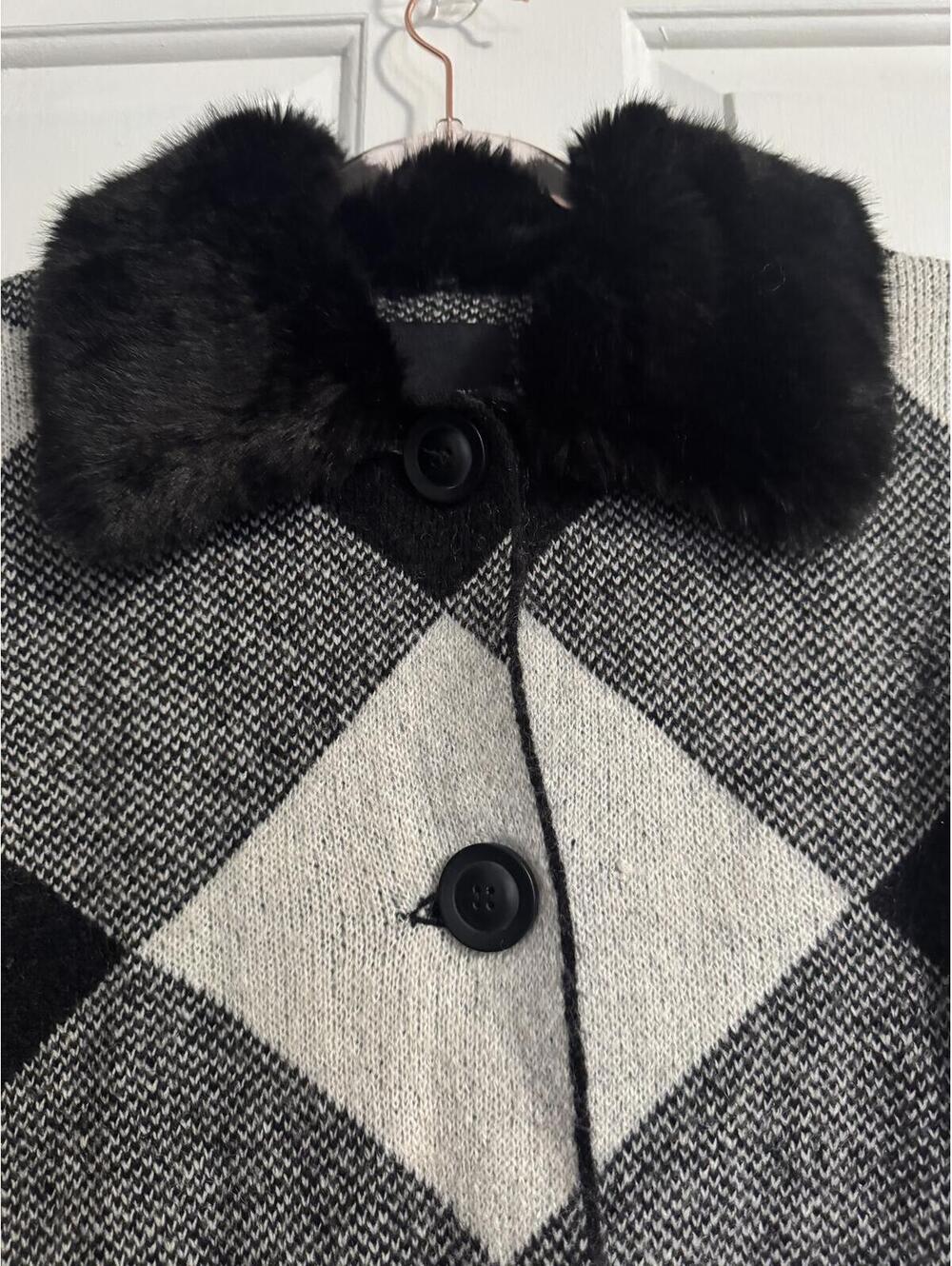 Cynthia Rowley Black and Gray Checkered Wool Blend Jacket with Faux Fur Collar - Picture 6 of 6